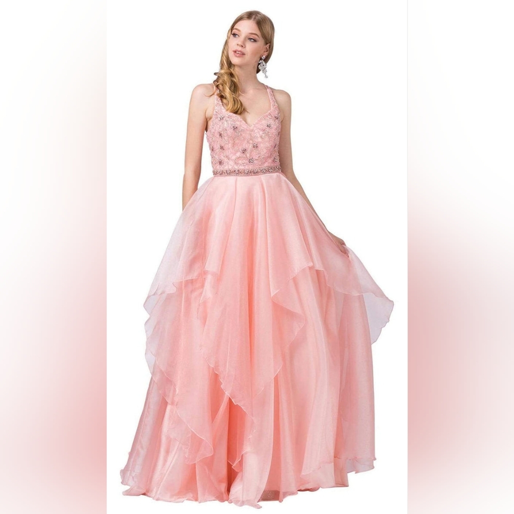 Embellished halter V-neck tiered ballgown